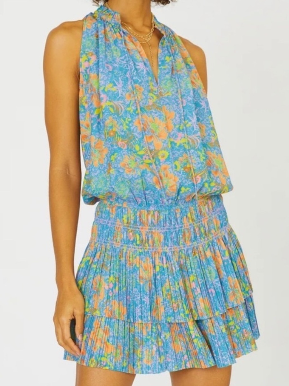 Current Air Blue Floral Tiered V-Neck Dress with Orange Accents